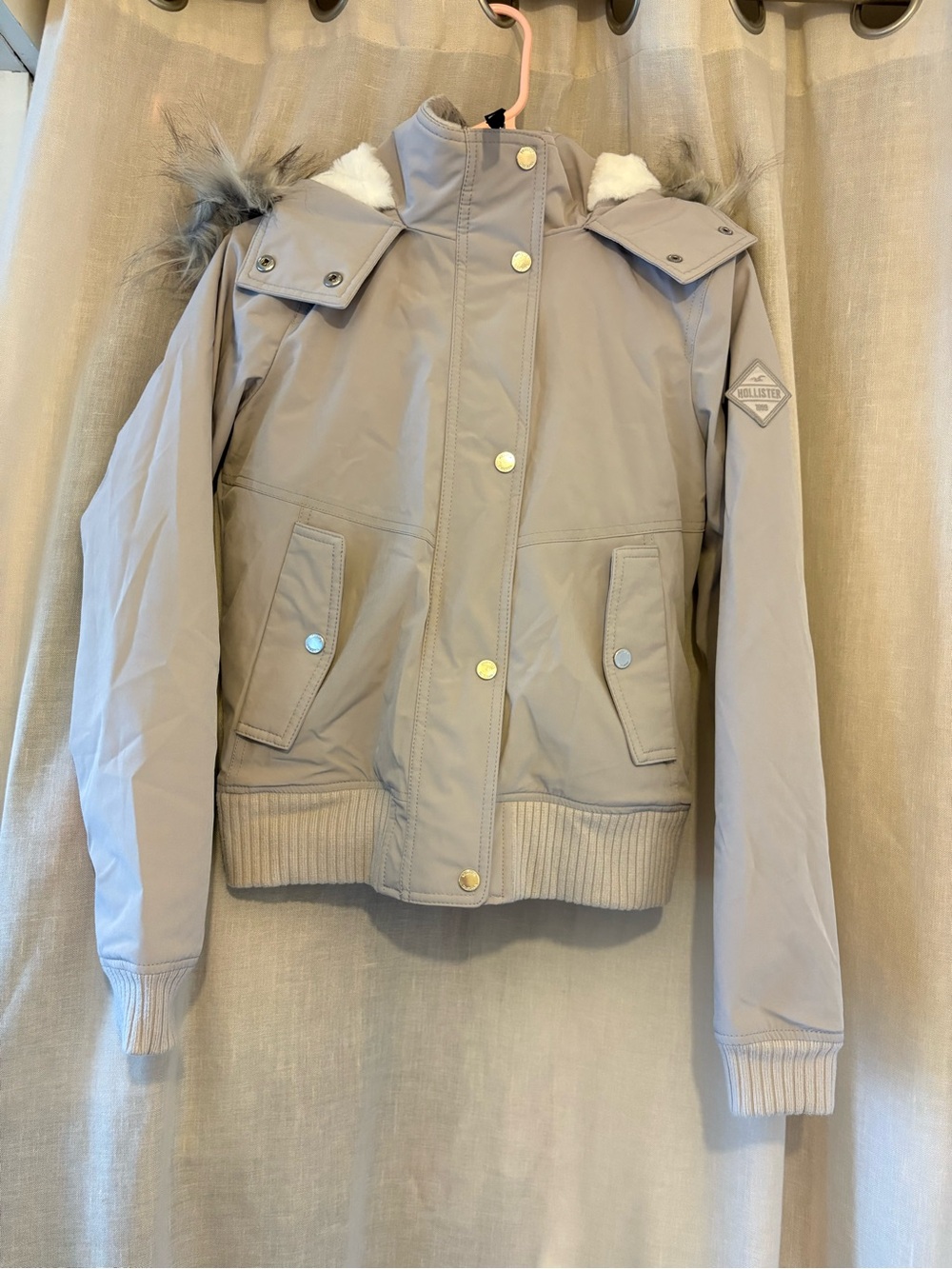 Hollister Light Taupe/Grey Hooded Bomber Jacket with Faux Fur Trim